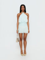 Rozario Chiffon Halter Mini Dress Aqua / Silver