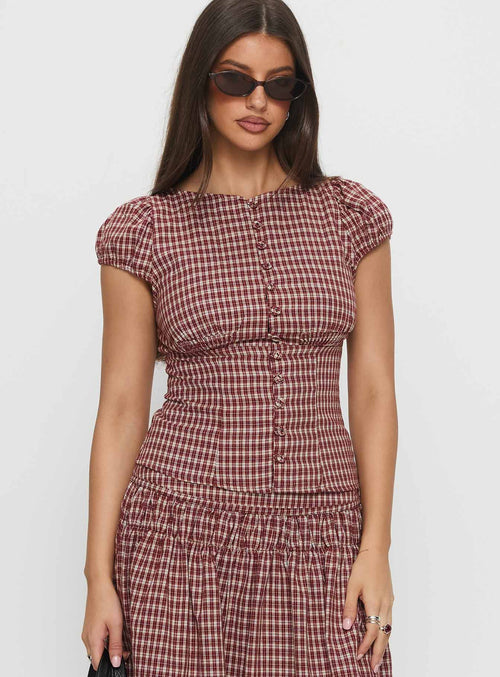 Alixandra Puff Sleeve Blouse Top Red Check