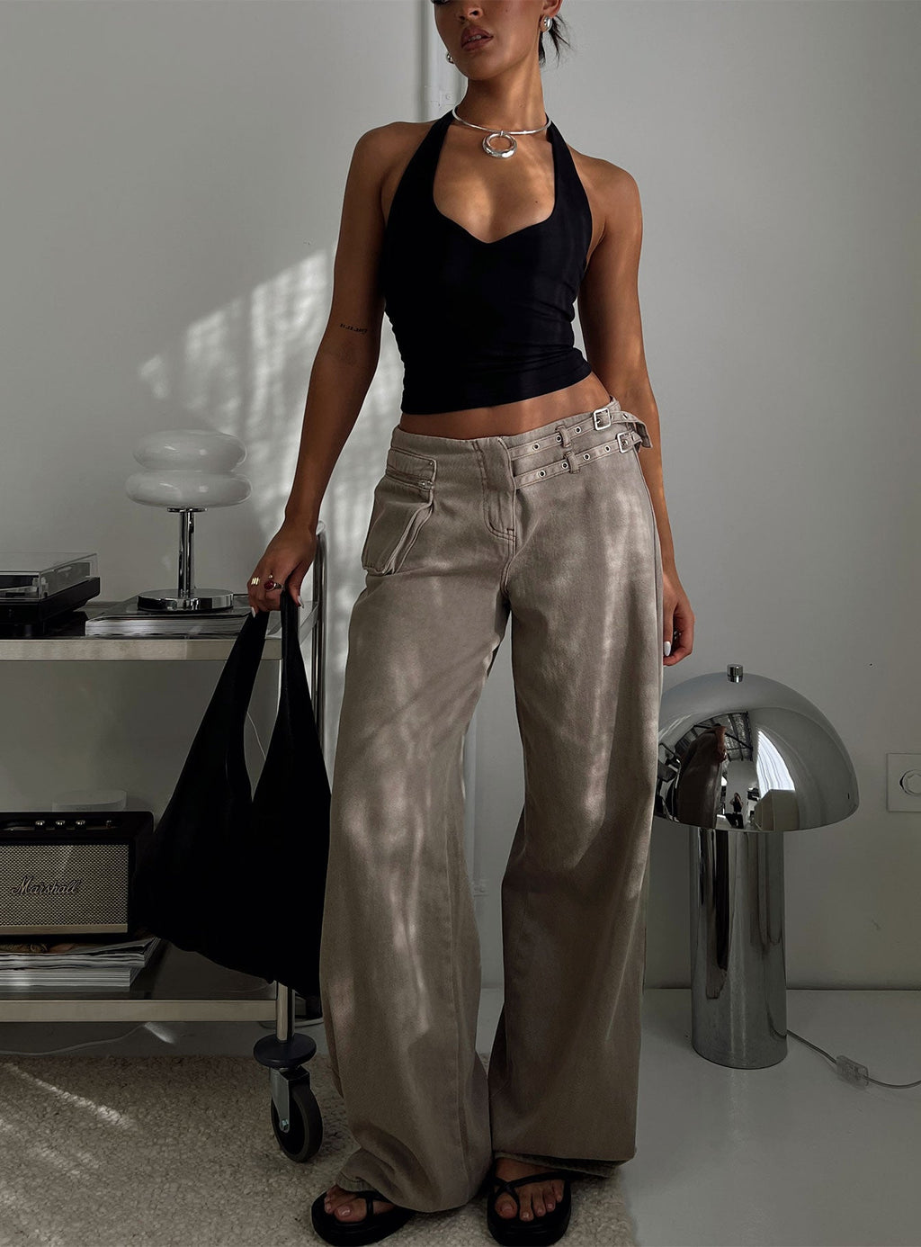 Paltrow Mid Rise Wide Leg Cargo Jeans Washed Brown Petite