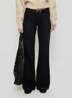 Slow Ride Mid Rise Bootleg Belted Jeans Washed Black