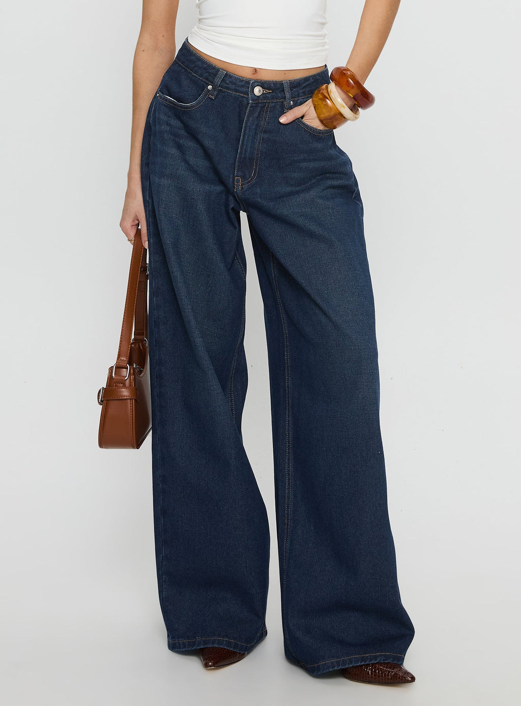 Naylor Mid Rise Wide Leg Jeans Mid Blue Denim