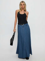 Charleigh Soft Pleat Denim Maxi Skirt Mid Blue Wash