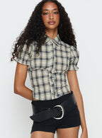 Maxfield Collared Button Up Blouse Top Multi Check