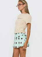 Elicia Ruched Mini Skirt Mint / Chocolate Polka Dot