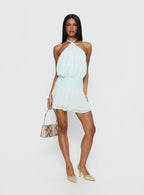 Rozario Chiffon Halter Mini Dress Aqua / Silver