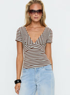 Madelon Short Sleeve Wrap Top Brown / Blue Stripe
