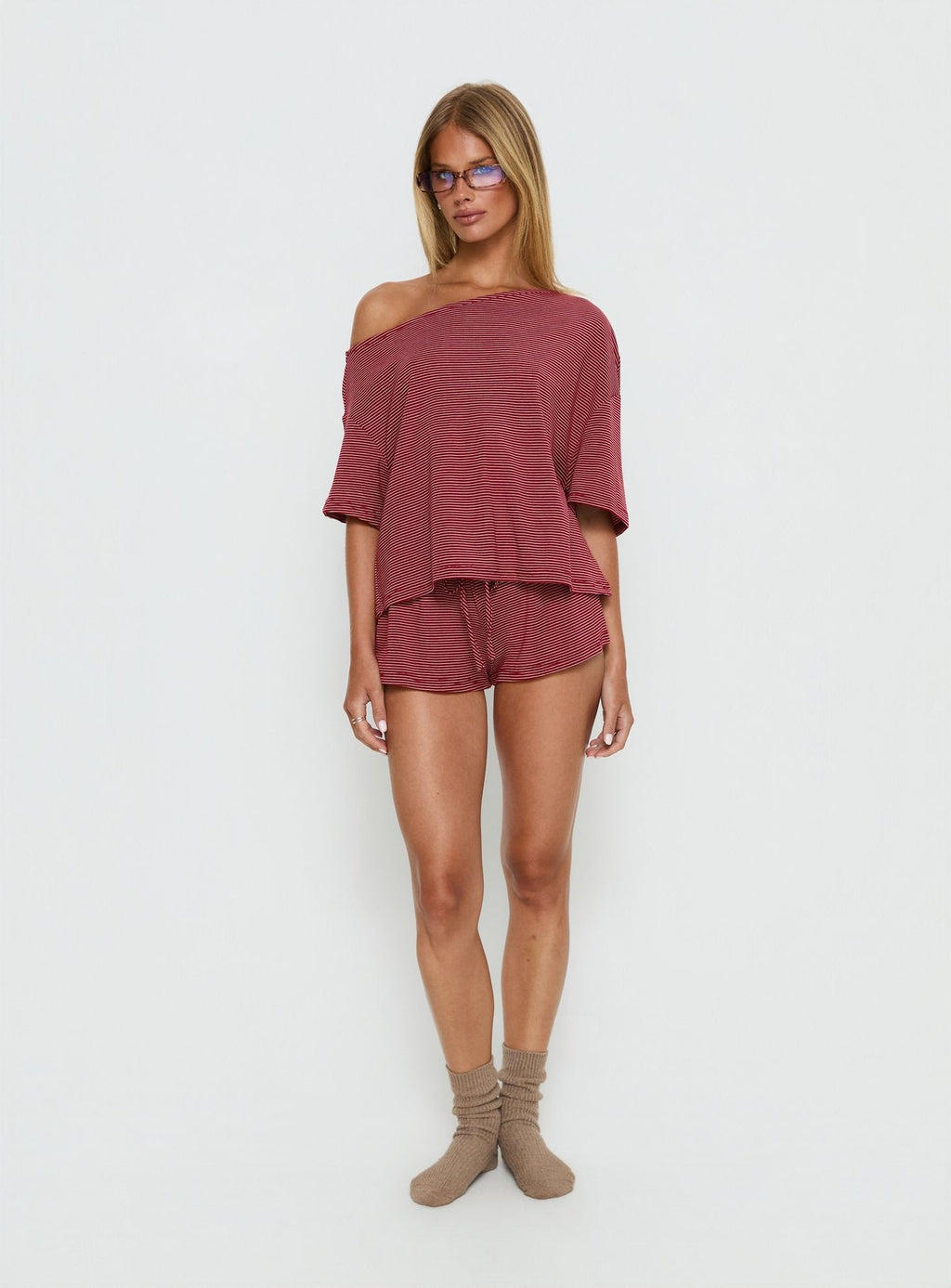 Sugar Surge Off Shoulder Sleep Top Cherry Stripe