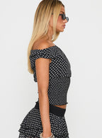 Ready To Party Off Shoulder Top Black Polka Dot
