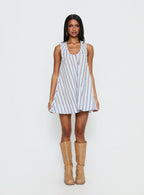 Eberta Ruched Baby Doll Mini Dress Blue Stripe