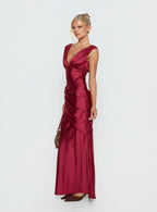 False Alarm Plunge Asymmetrical Pleat Maxi Dress Red