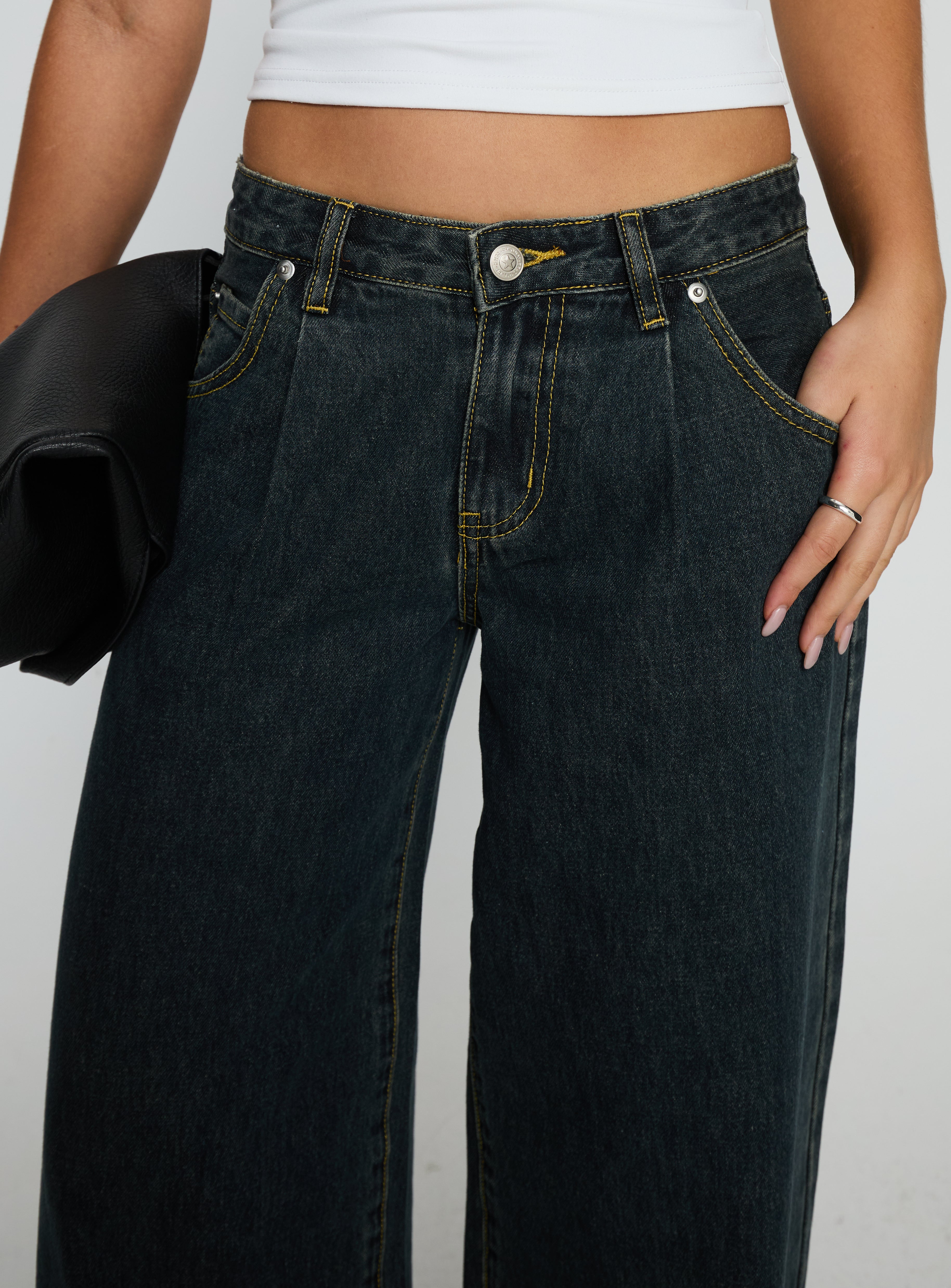 Supercut Low Rise Baggy Pleat Jeans Grunge Wash
