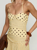 Marguerite Halter Maxi Dress Lemon / Brown Polka Dot