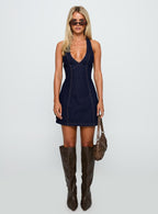 Say Goodnight Denim Halter Mini Dress Mid Wash