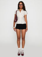 Deserve You Puff Sleeve Button Front Top Cream Stripe