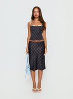 Somani Satin Midi Skirt Black Polka Dot