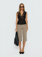 Noven Tie Back Lace Trim Top Black