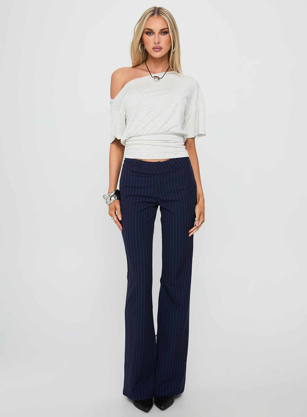 Kinkirk Flared Pants Navy Pinstripe