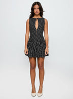 Alissea Keyhole Linen Blend Mini Dress Black Polka
