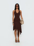 Moonlit Honey Asymmetrical Halter Jersey Midi Dress Chocolate