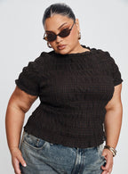 Romelle Shirred Top Black / Brown Plaid