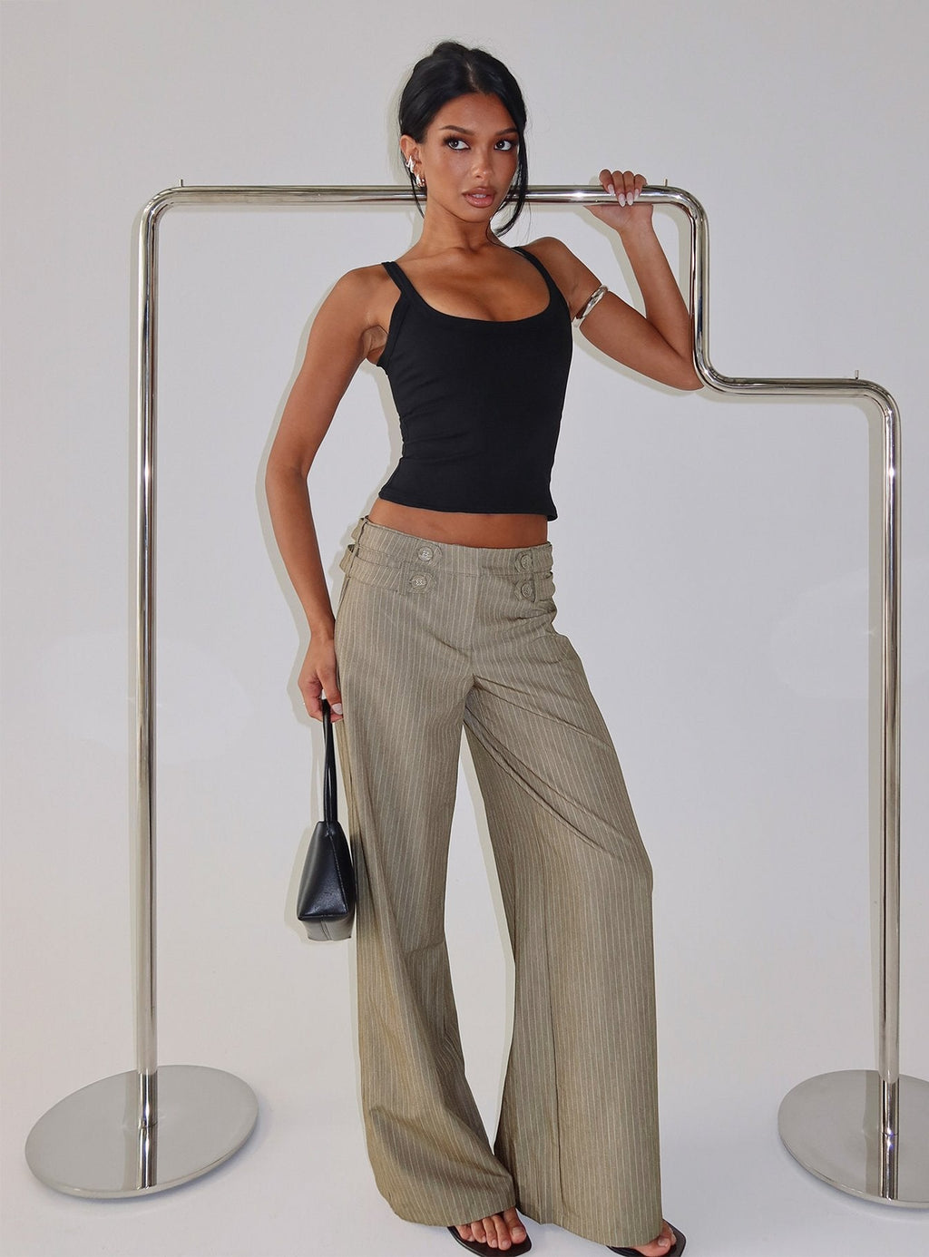 Jette Tailored Buckle Pant Taupe Pinstripe