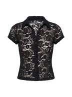 Daveney Lace Short Sleeve Collared Top Black