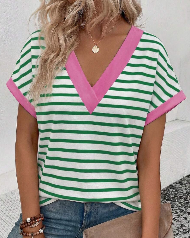 Casual Versatile Colorblock Striped T-Shirt