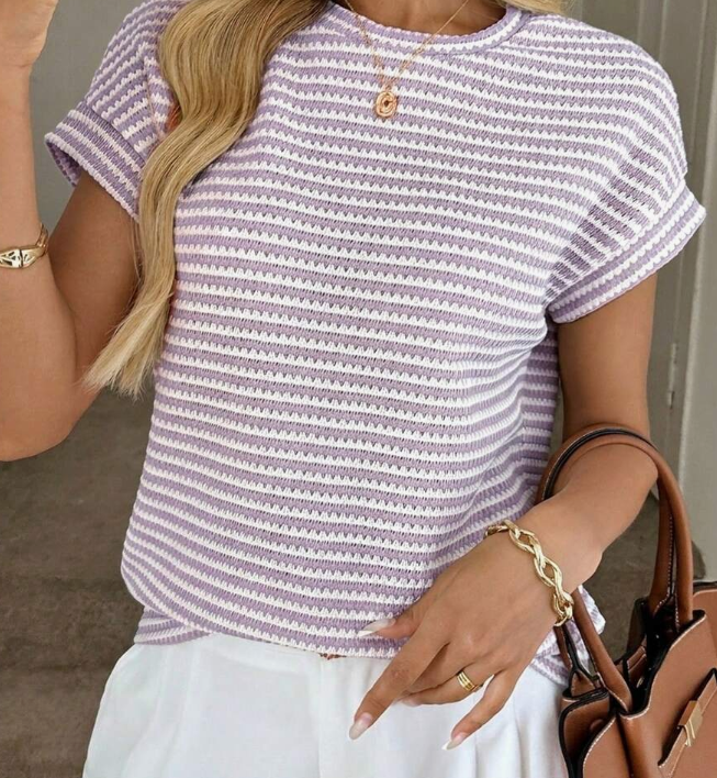 Drop Shoulder Striped Waffle Texture Casual Vacation Elegant Women T-Shirt Blouses For Women New T Shirt